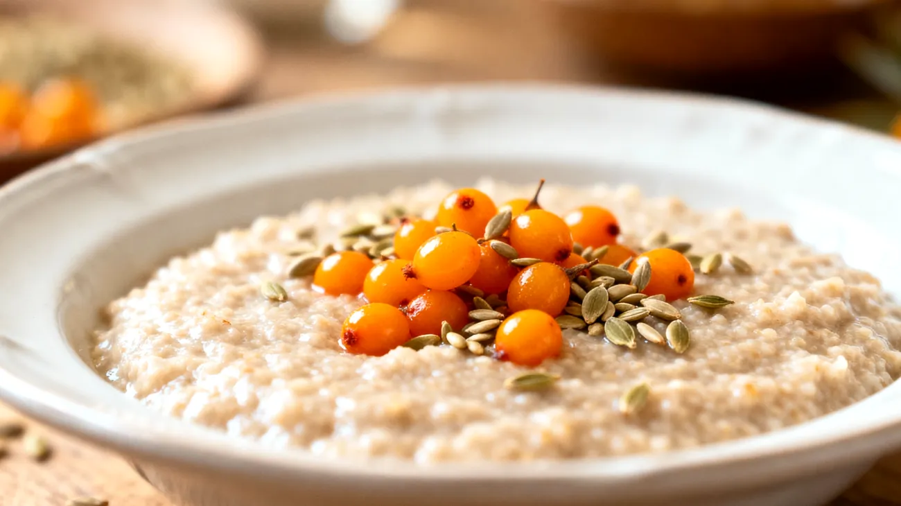 Amaranth-Porridge mit Sanddornbeeren und Hanfsamen"