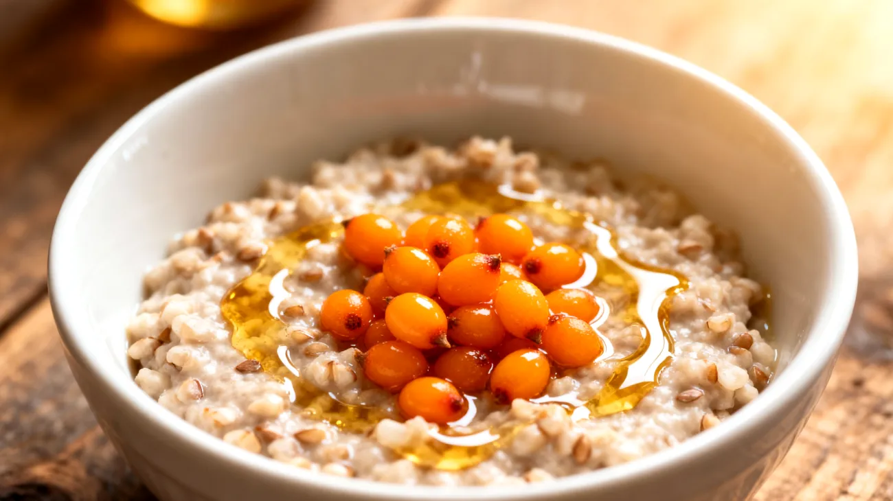 Buchweizen-Porridge mit fermentierten Sanddornbeeren und Walnussöl"